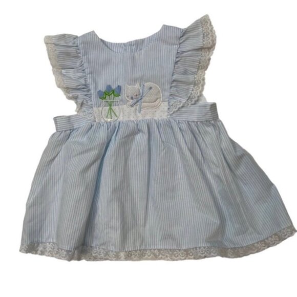 Vintage baby dress white blue striped kitten and flowers lace trim girls 18 mo - Picture 1 of 6